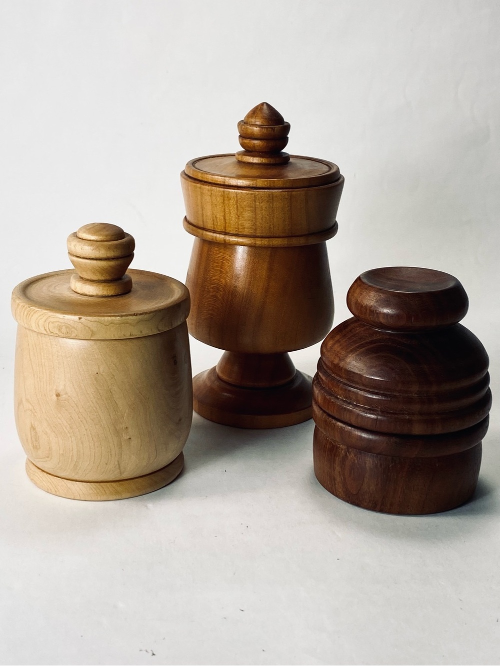 3pc Vintage Hand-Turned Wooden Lidded Small Containers - Natural, Honey & Walnut